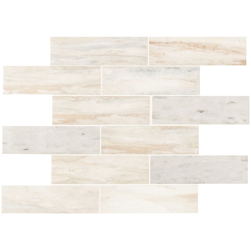 Angora Subway 11.81"x11.81" Polished Marble Mesh-Mounted Mosaic Tile 2"x6" - MSI Collection