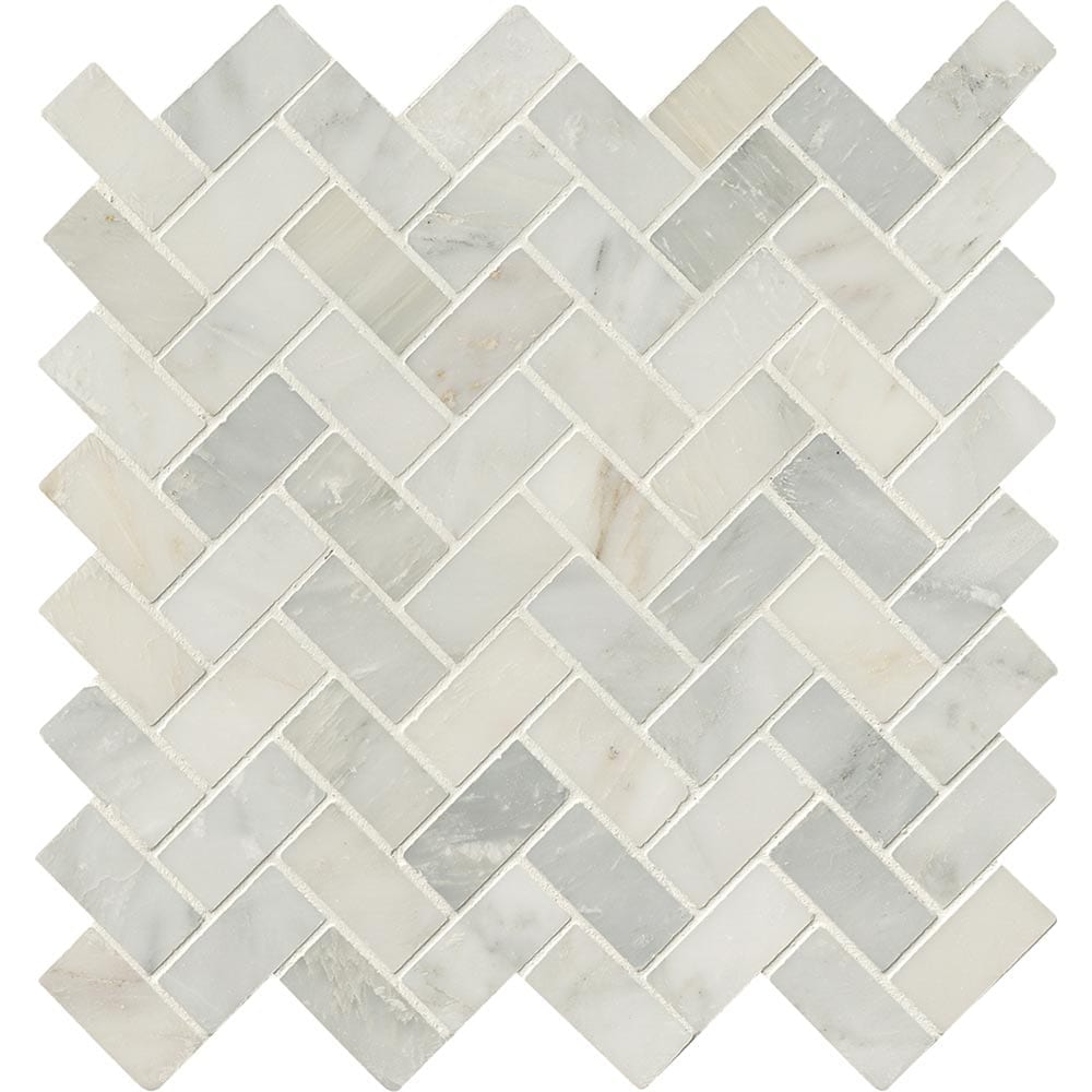 Arabescato Carrara Herringbone Pattern 11.63" x 11.63" Honed Marble Mesh-Mounted Mosaic Tile Pattern-MSI Collection
