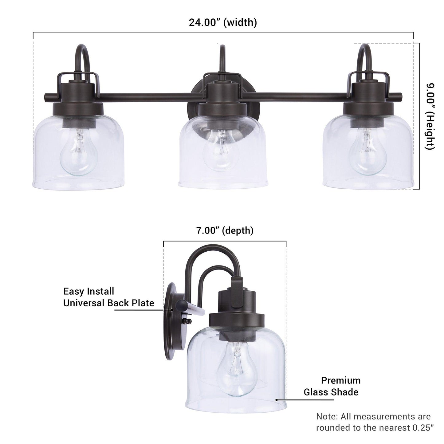 Brighton 3-Light Dark Bronze Dimmable Bathroom Vanity Light