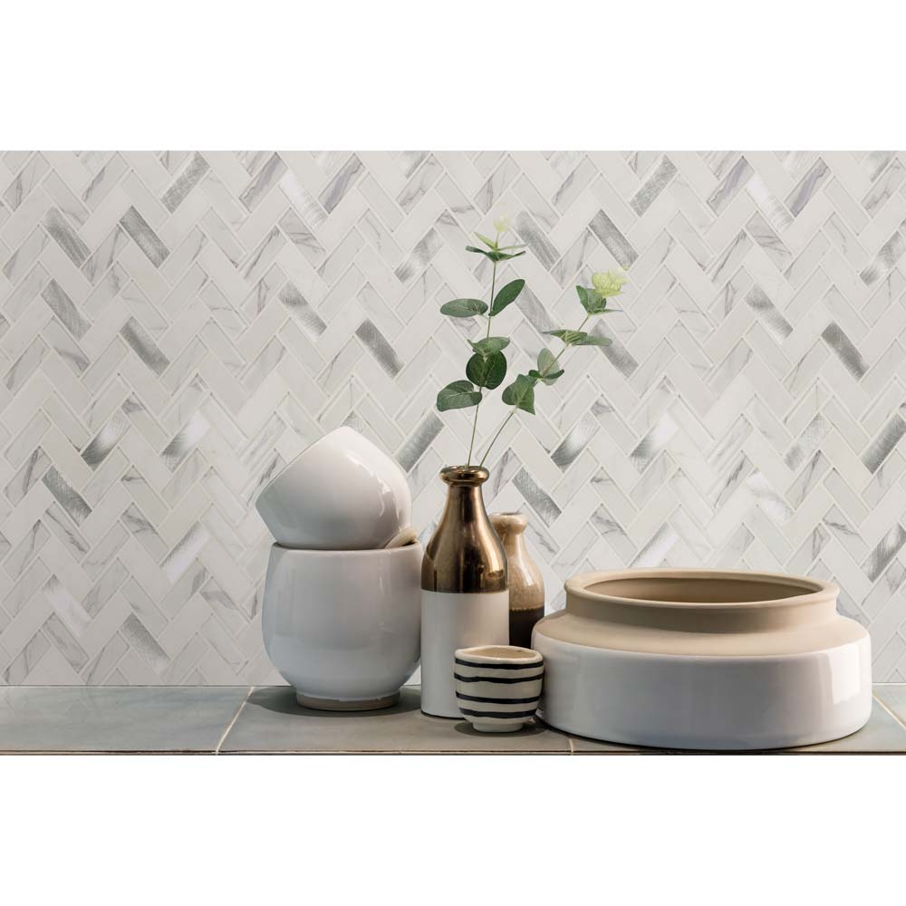 Bytle Bianco Herringbone 12"x12" Glass Metal Stone Mesh-Mounted Mosaic Tile Pattern- MSI Collection