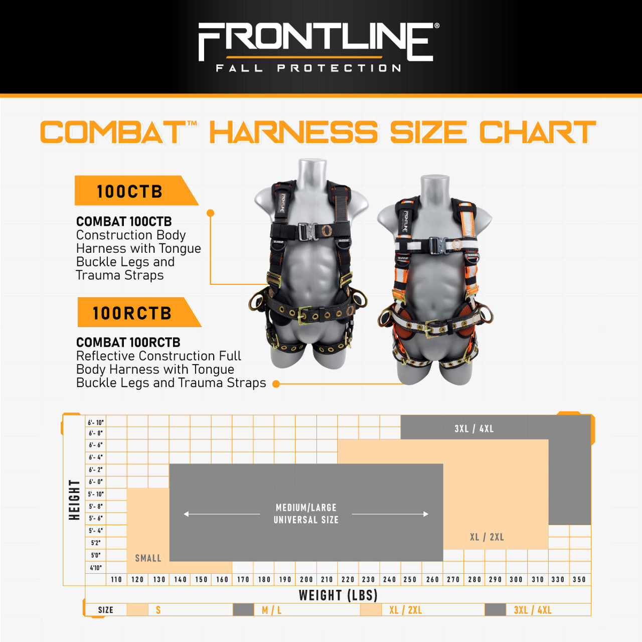Frontline 100RCTB Combat Reflective Construction Full Body Harness with Tongue Buckle Legs and Trauma Straps 3X/4X