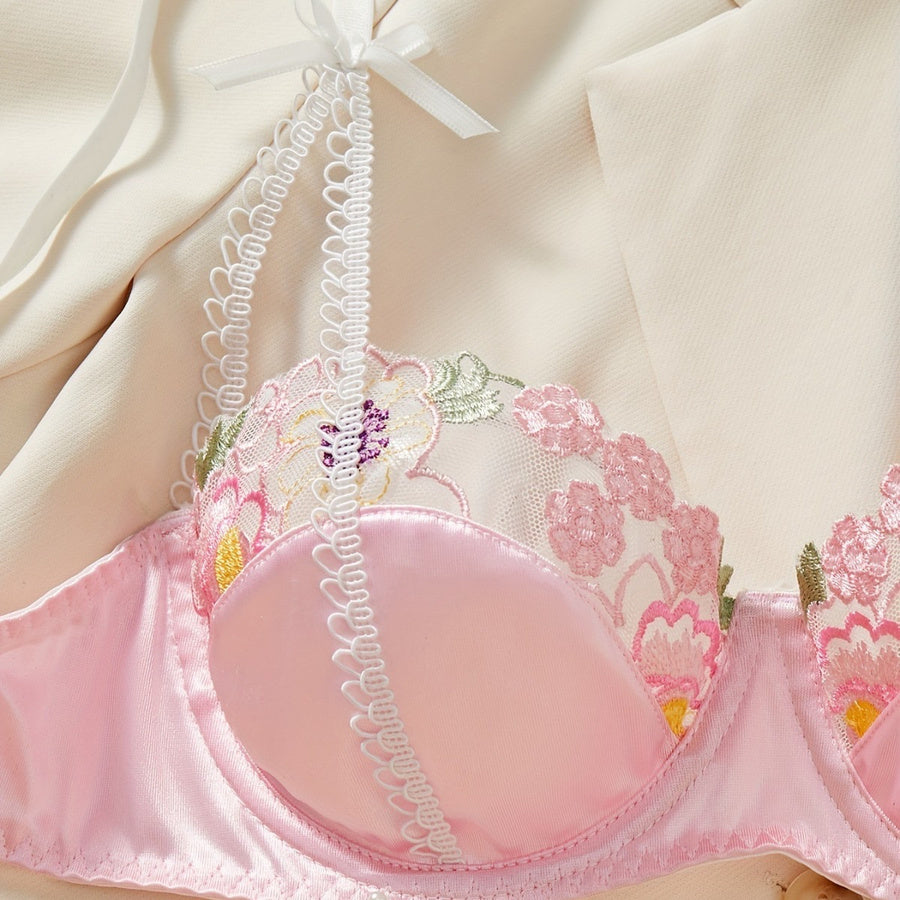 Sexy non-stretch stitching flower embroidery meh with underwire two-piece set