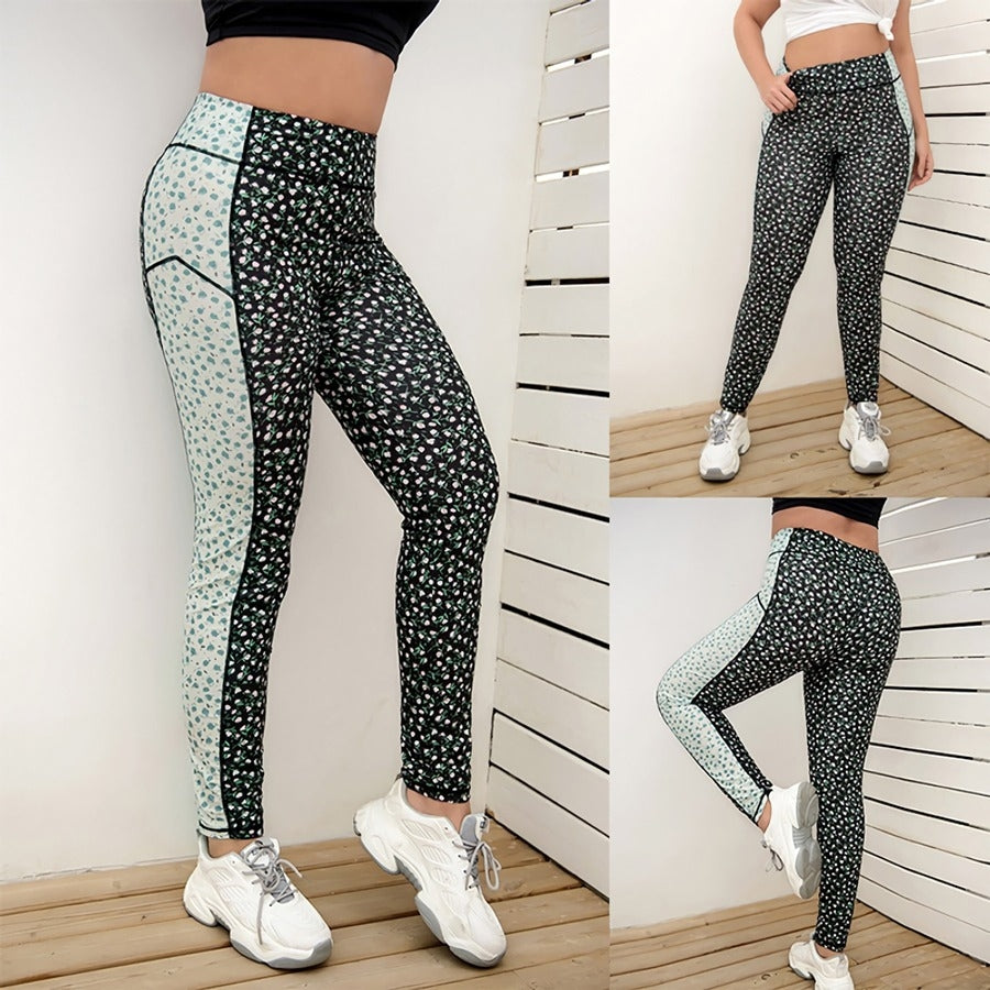 Spring & Summer new contrast color floral batch printing patchwork stretch high waist stylish slim sport pant