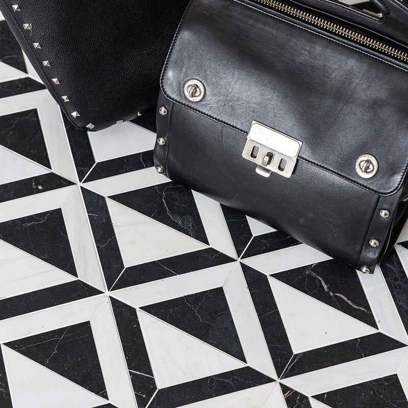 Black, Ice white 11 15/16"x11 15/16" Honed York Marble Mosaic