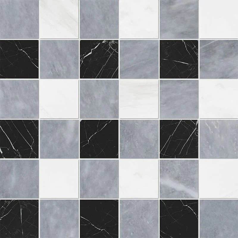 Allure Light Snow White Black Honed 12"x12" Marble 2"x2" Mosaic Tile
