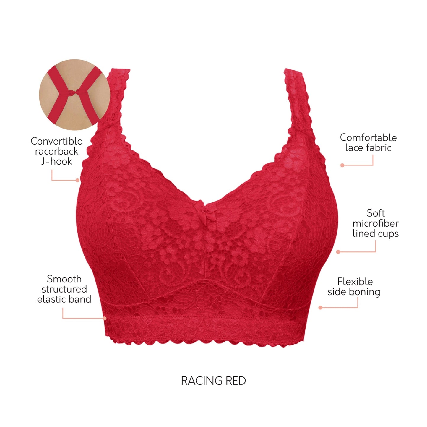 PARFAIT Adriana P5482 Women's Curvy and Full Bust Supportive Wire-free Lace Bra - Racing red