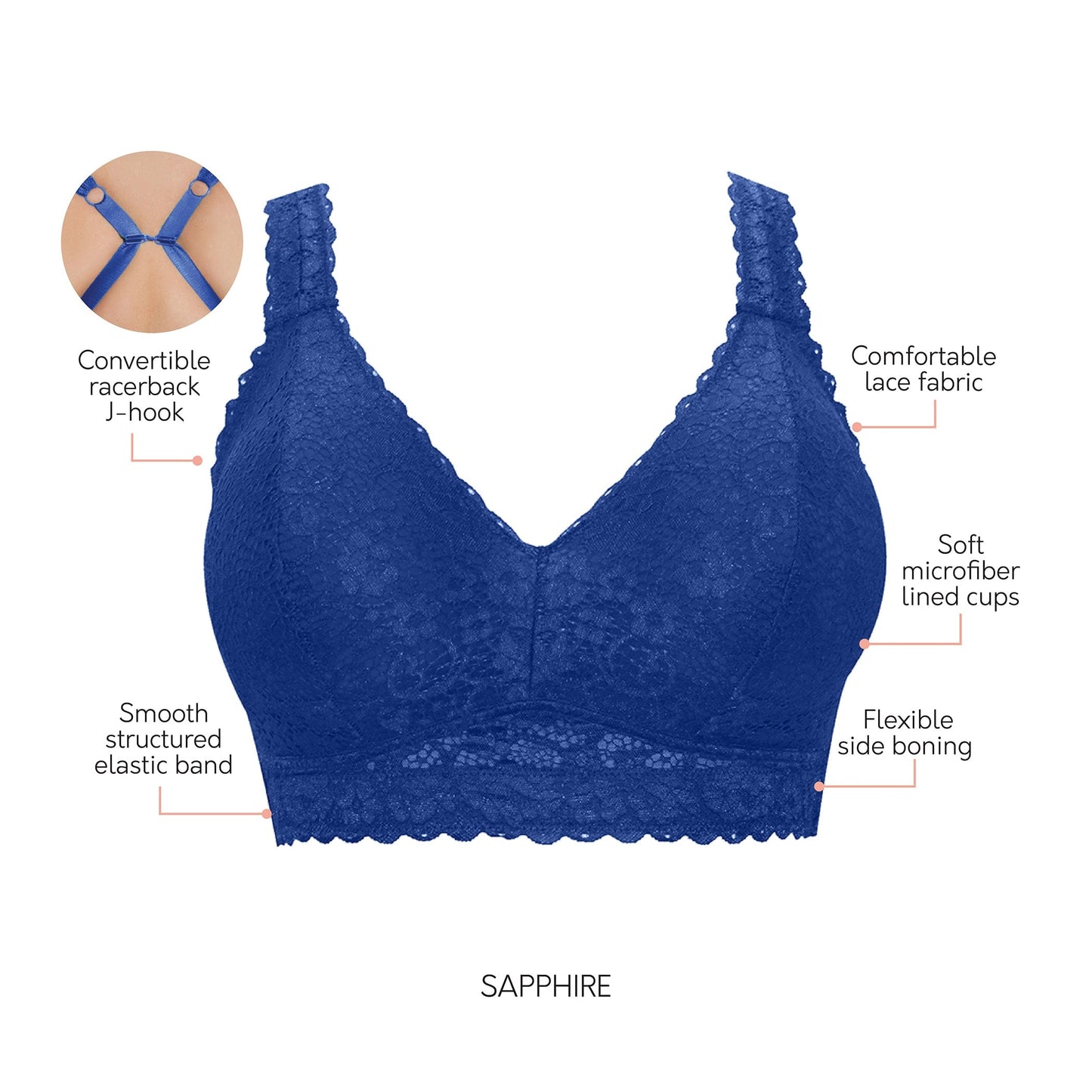 PARFAIT Adriana P5482 Women's Curvy and Full Bust Supportive Wire-free Lace Bra - Sapphire
