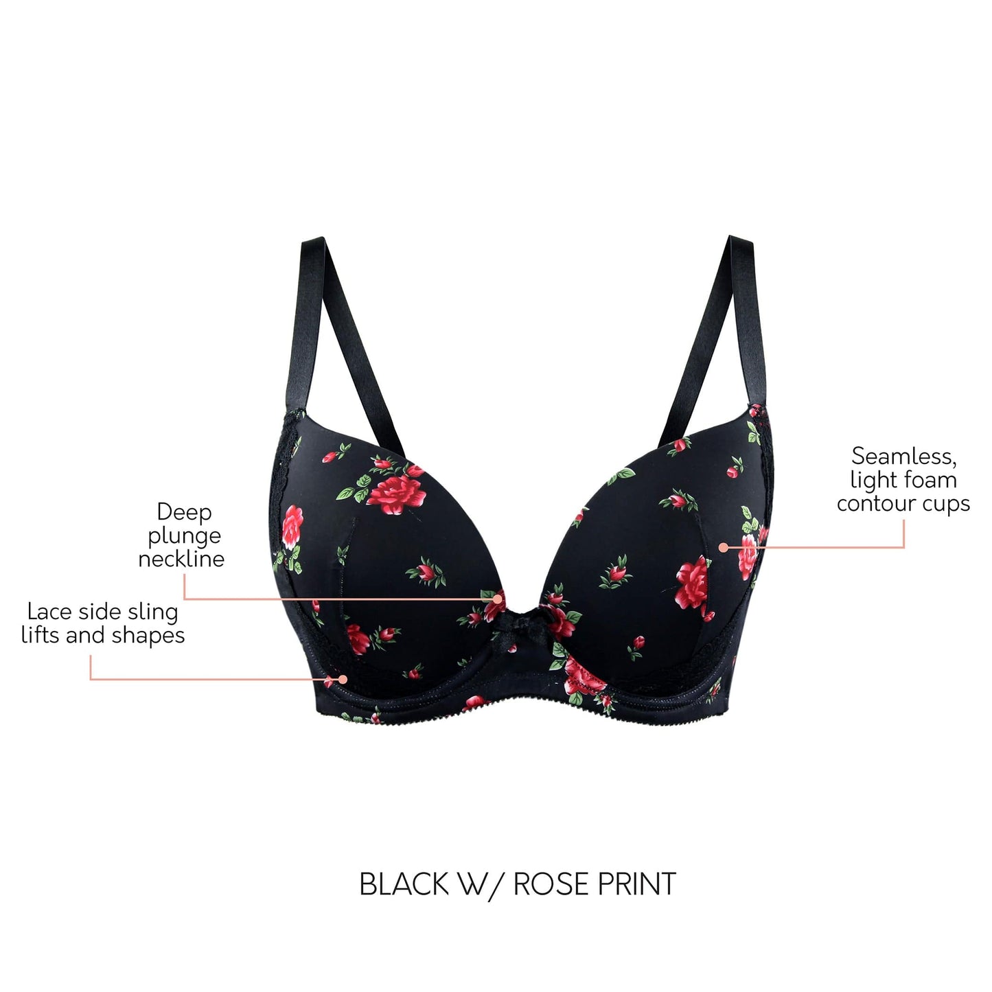 PARFAIT Casey 2801 Women's Wired Padded Plunge Seamless T-shirt Bra - Black w/ Rose Print