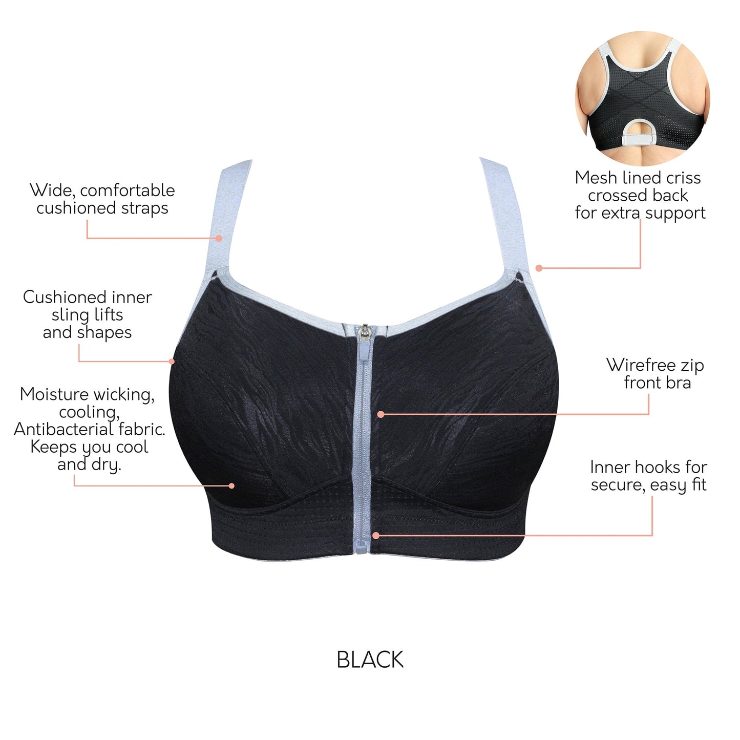 PARFAIT Wave P6052 Women's Wire-Free Front Closure Sports Bra - Black