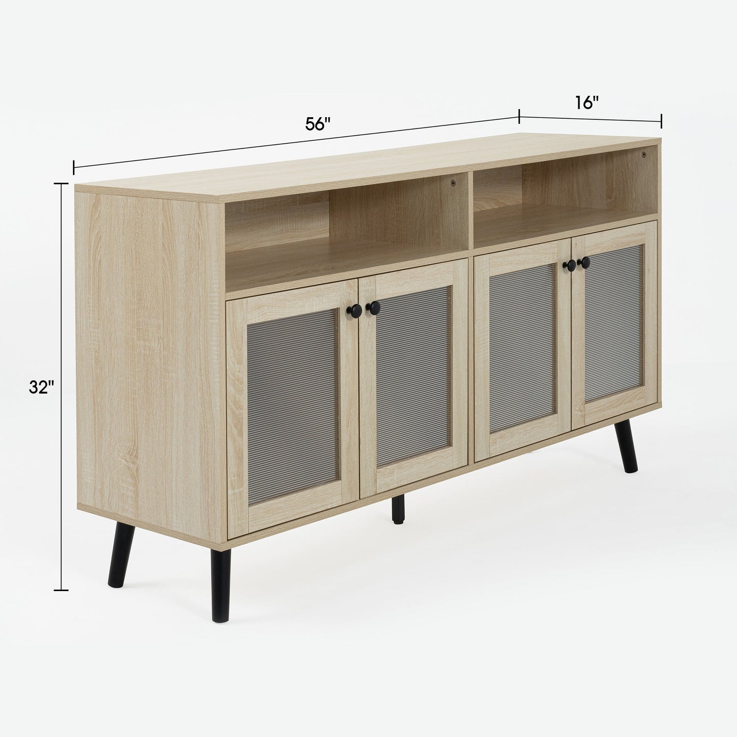 Evans 56 Inch Mid-Century Modern TV Stand with Open Shelves and Cabinets for Living Room, Bedroom