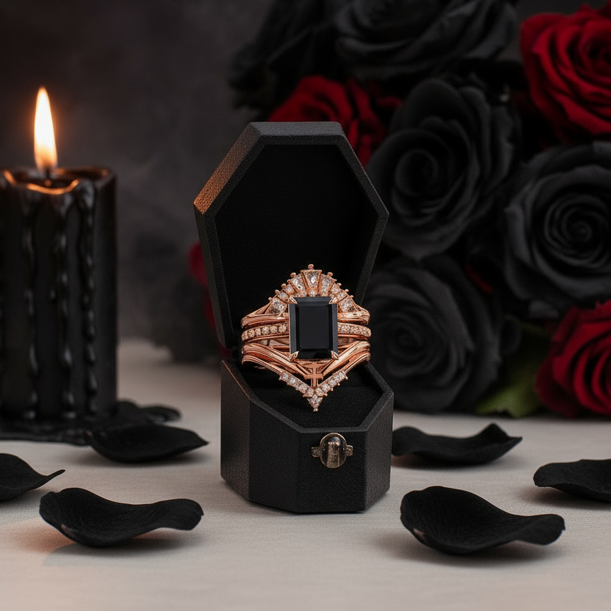 You Are Worth It- Black Emerald Cut Diamond Option Gothic Promise Ring Set