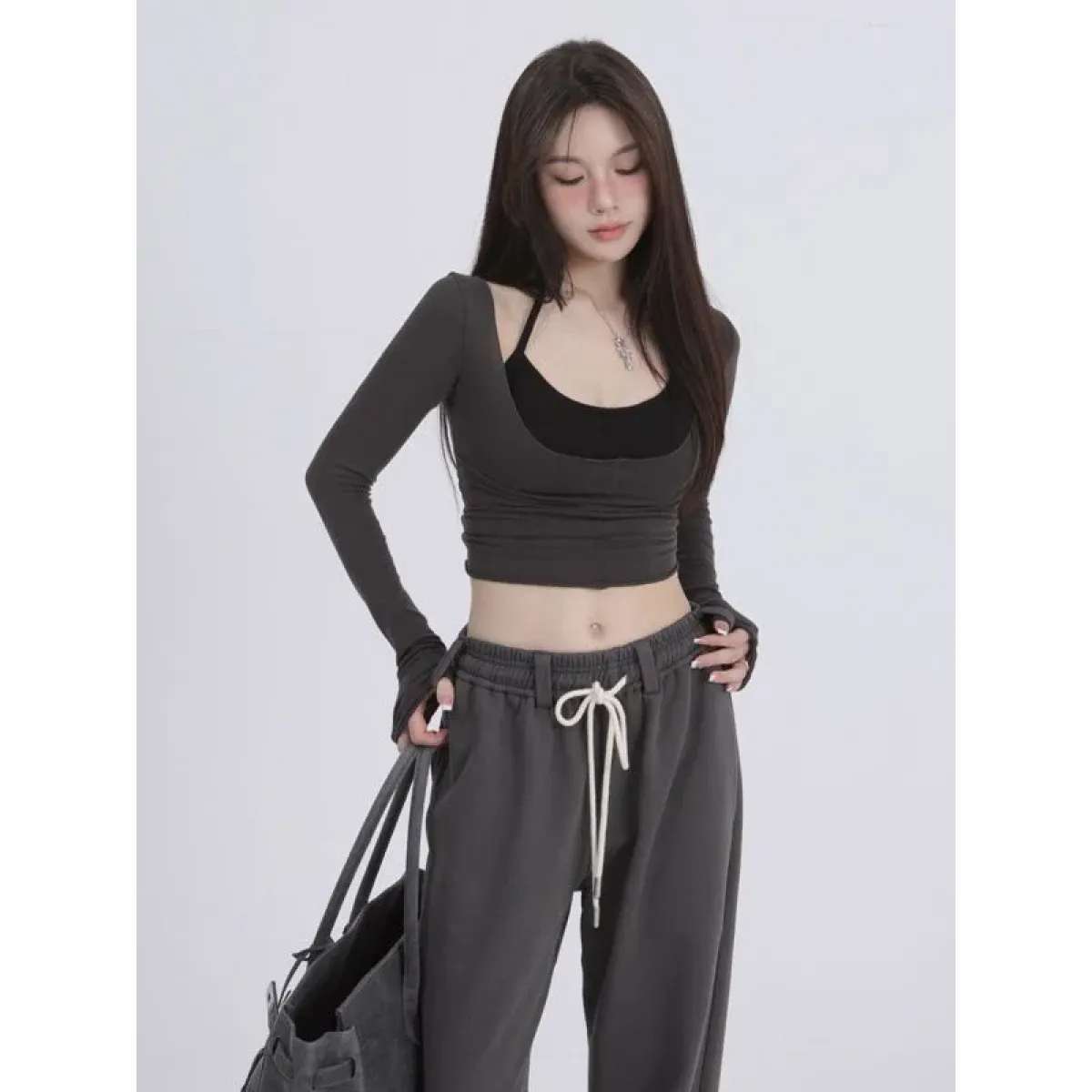 Aesthetic Halter Two-Piece Set - Harajuku Long Sleeve Tee