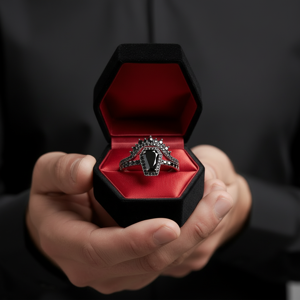 Best Love Rings- Rare Coffin Cut Diamond Option 14k Gold Gothic Ring Set