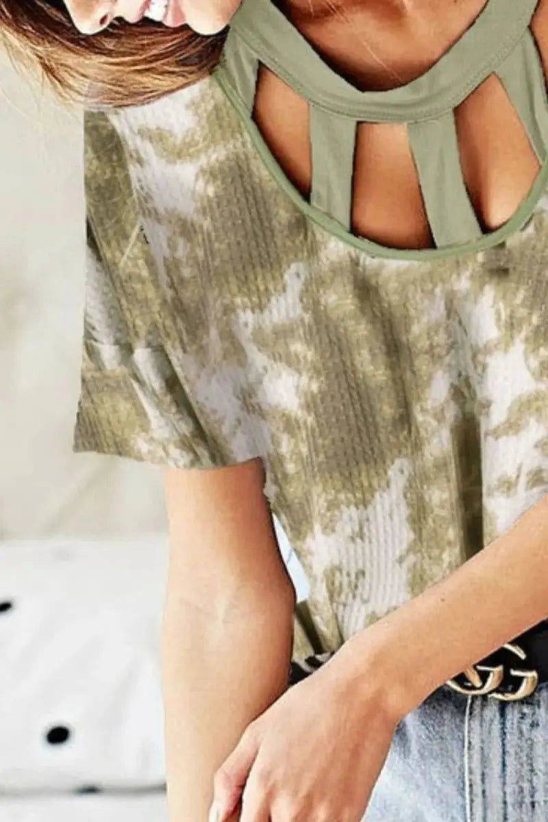 Shorts Trendsi Tie Dye Waffle Top Women's Casual T-Shirt Contrast Neck Cute