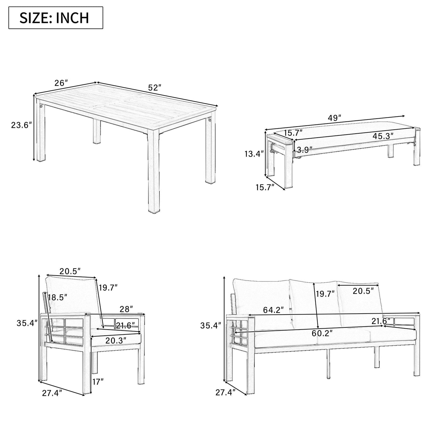 5 Pieces Outdoor Patio Conversation Set with 3-Seat Sofa, Cushions for Backyard, Poolside, Garden