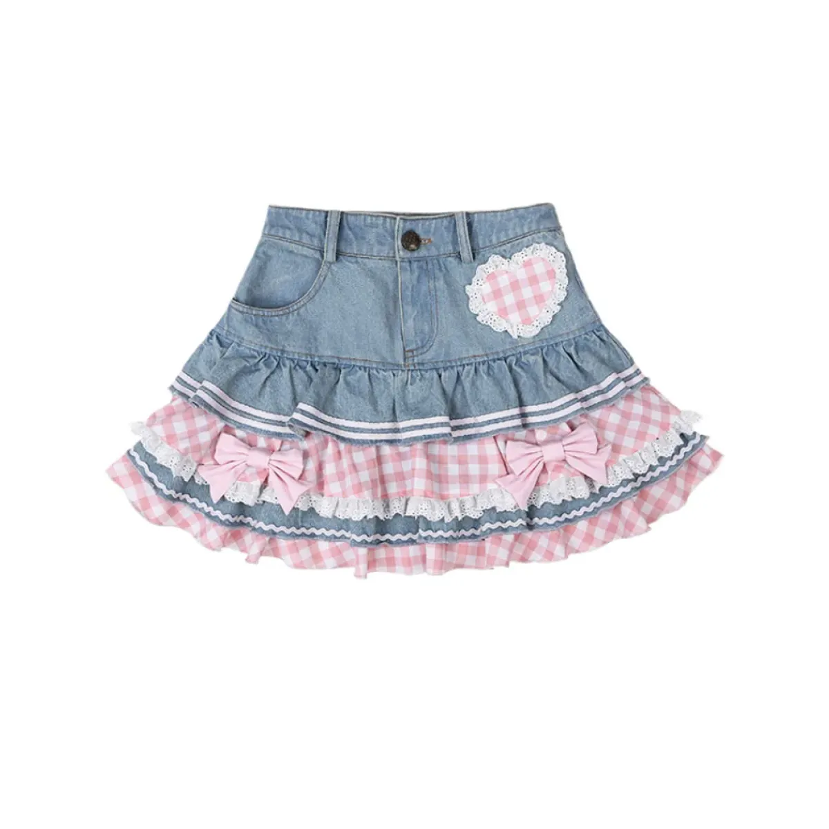 Sweet Mini Denim Skirt - Gothic Lace Plaid Hearts Ruffled Skirt