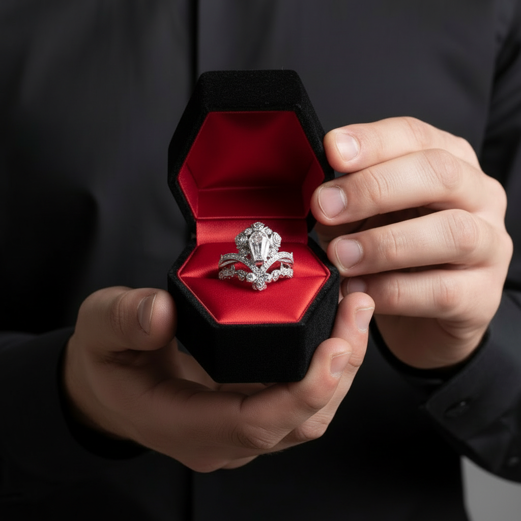 Gothic Romance Wedding Rings- Coffin Cut Diamond Option with Black Roses in 14k White Gold Band with Thorns