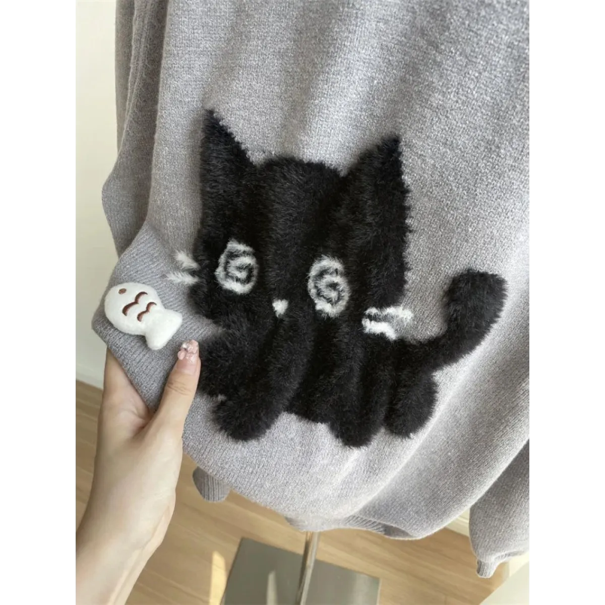 Gray Kawaii Cat Sweater Oversized Harajuku Soft Girl Pullover