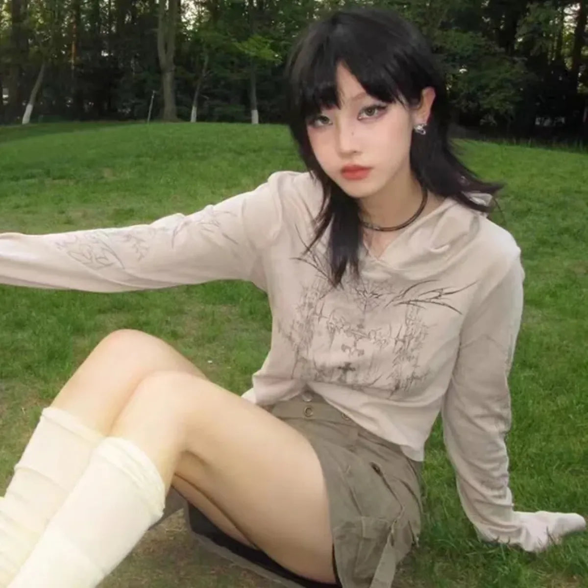 Gothic Print Hoodie – Y2K E-Girl Long Sleeve Harajuku Top