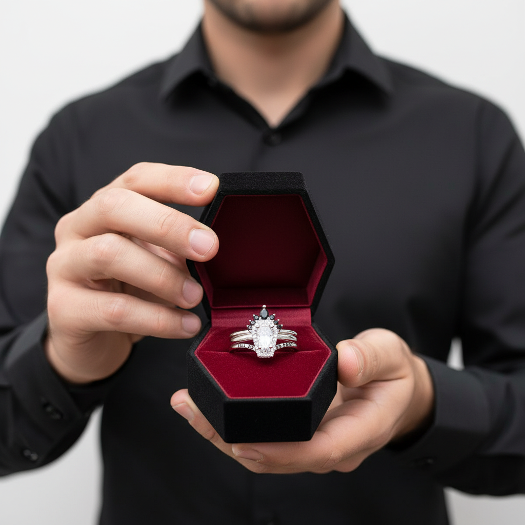 Till Death Do Us Part Rings- Rare Coffin Cut Diamond Option 14k White Gold Ring Set