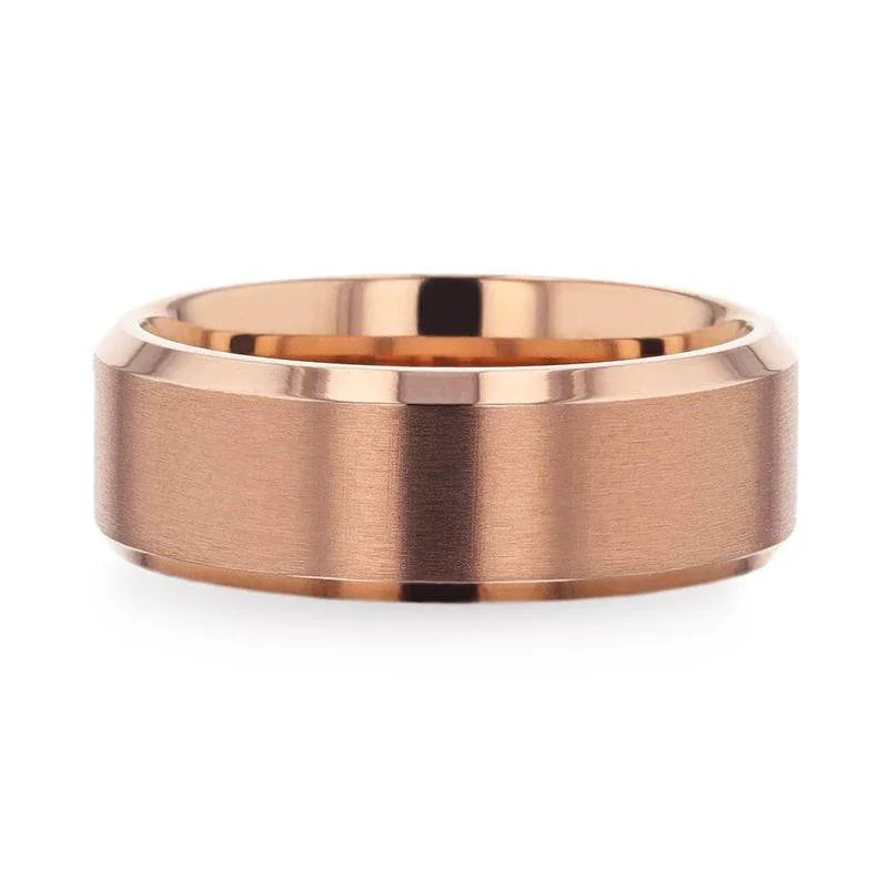 GLORY Rose Gold Plated Brushed Finish Center Titanium Men's Wedding Band With Polished Beveled Edges - 8mm