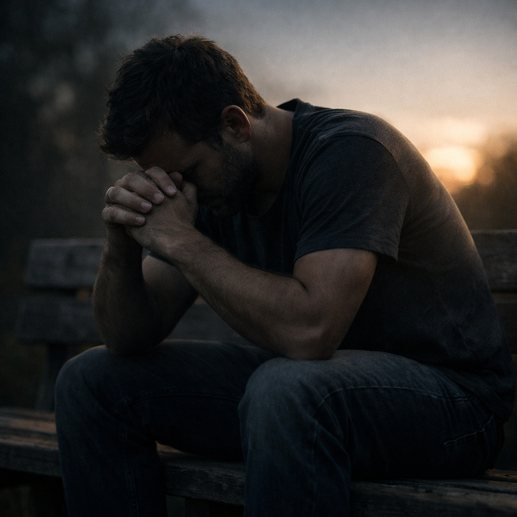 A man sitting alone on a bench at sunset, head bowed and hands clasped, symbolizing the silent struggle many men face.
