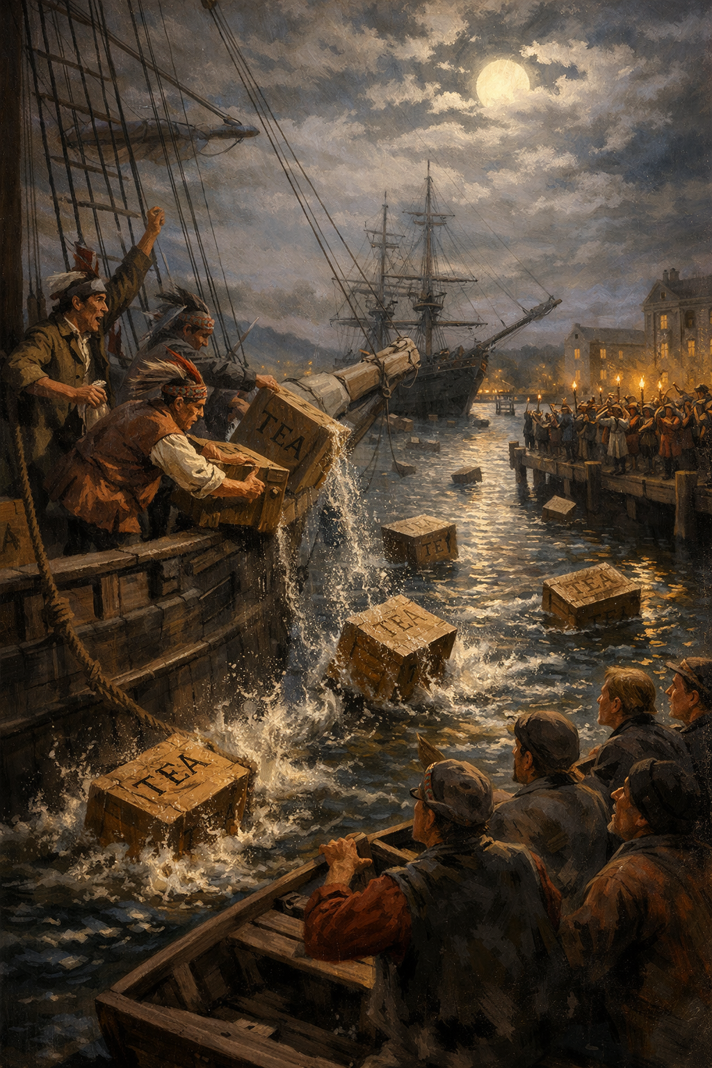 Boston Tea Party 1773 painting showing colonists dumping tea into Boston Harbor under a moonlit sky — symbolic of America’s fight for freedom