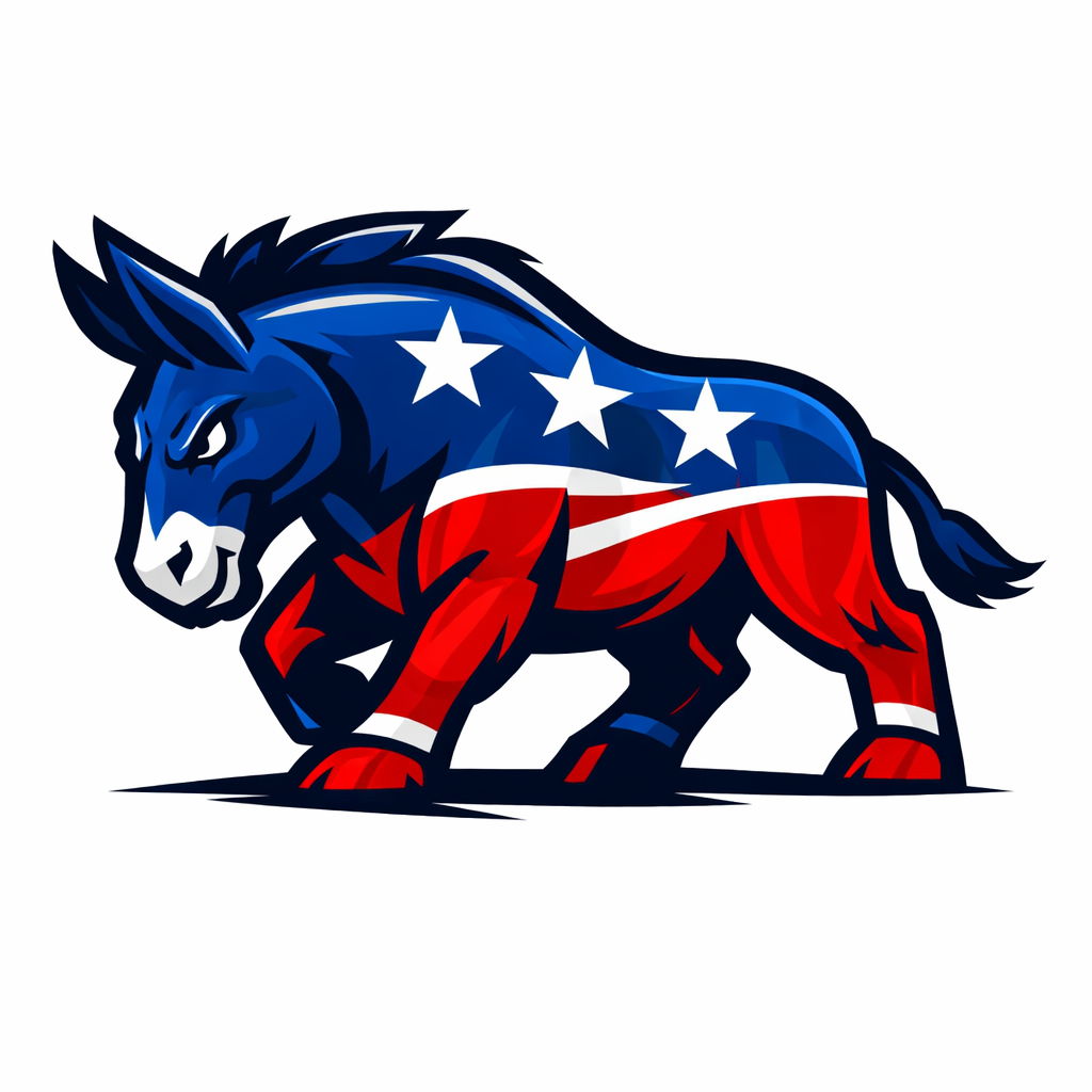 Bold, stylized Democratic donkey emblem in red, white, and blue with three white stars and dynamic angular lines, facing left in a powerful stance.
