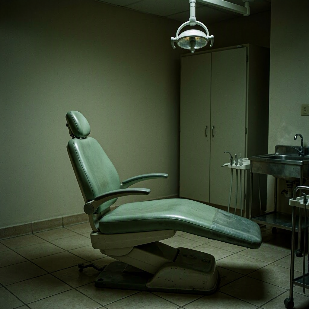 Empty green dental chair in a dim exam room symbolizing patient vulnerability and lack of trust in dental care.
