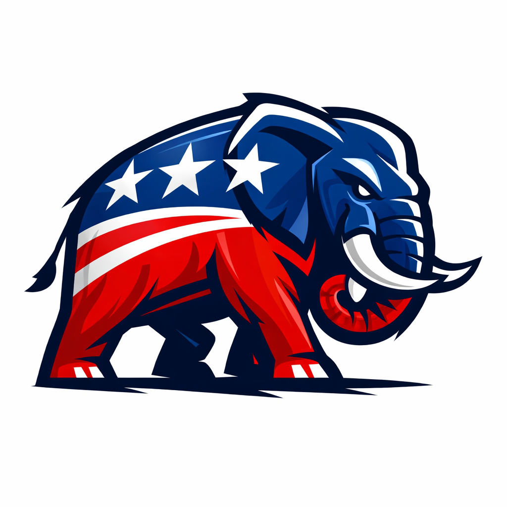 Bold stylized Republican elephant emblem in red, white, and blue, featuring three white stars and dynamic angular lines symbolizing strength and patriotism.