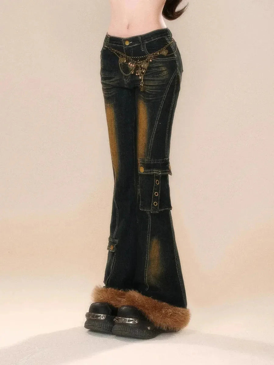 'Teddy' Retro Distressed Fluffy Denim Bell Bottom Pants