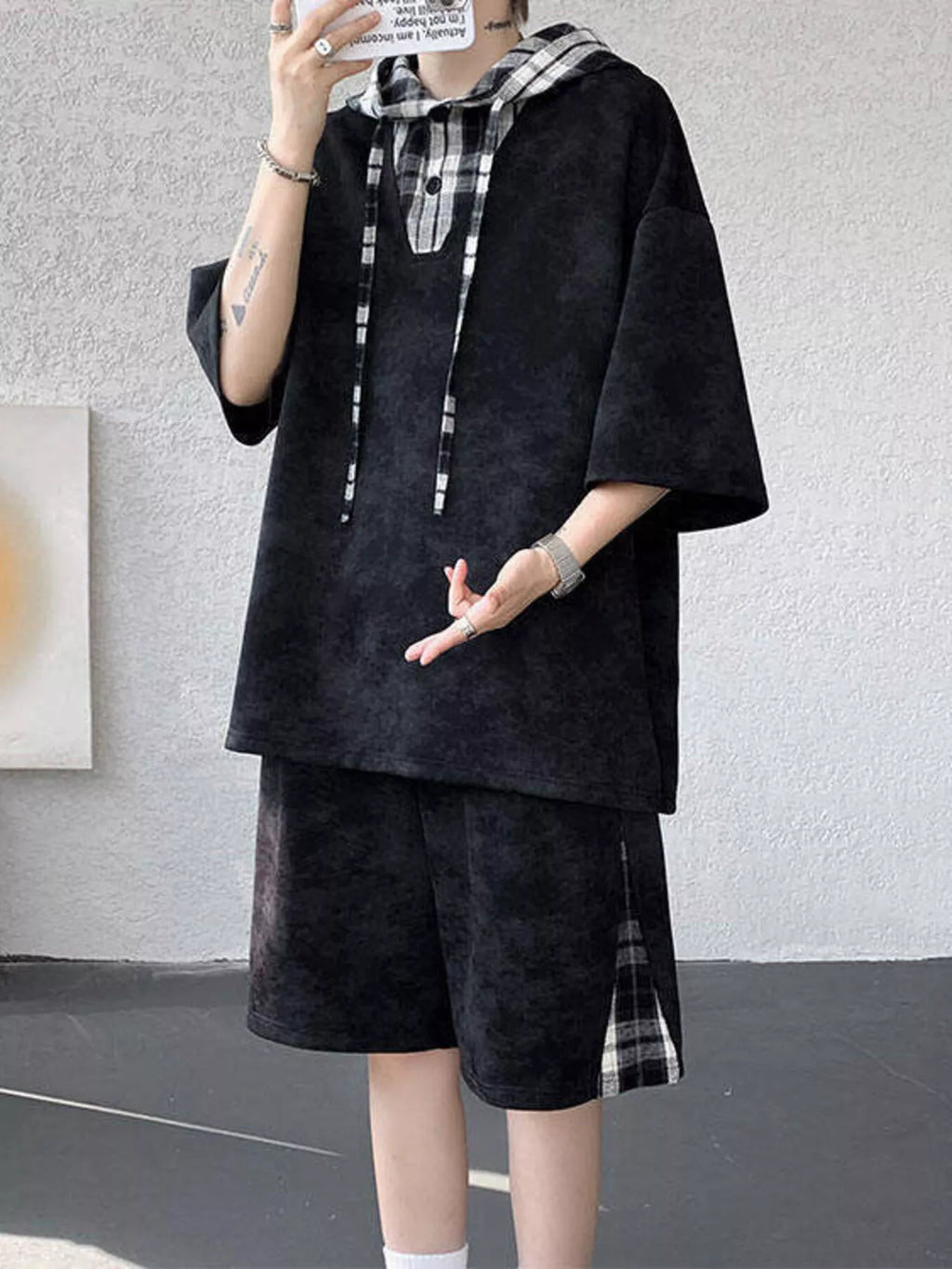 Men's Plus Size Tie-Dye Plaid Patchwork Hoodie and Shorts Set in black with plaid details, perfect for casual wear.
