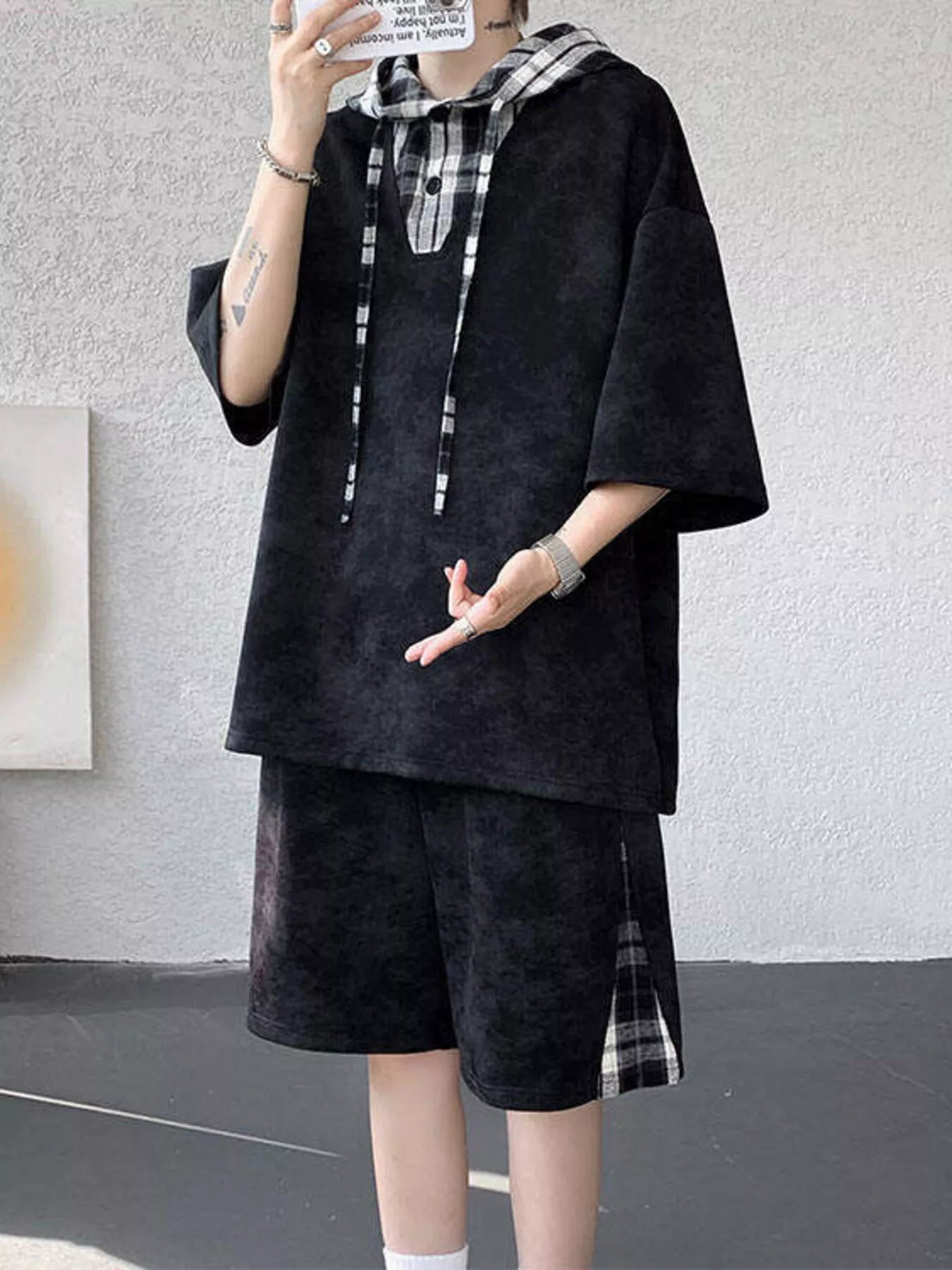 Men's Plus Size Tie-Dye Plaid Patchwork Hoodie and Shorts Set in black with plaid details, perfect for casual wear.