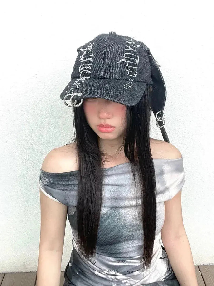'Doberman' Y2k Bunny Ears Rivet Ripped Cap