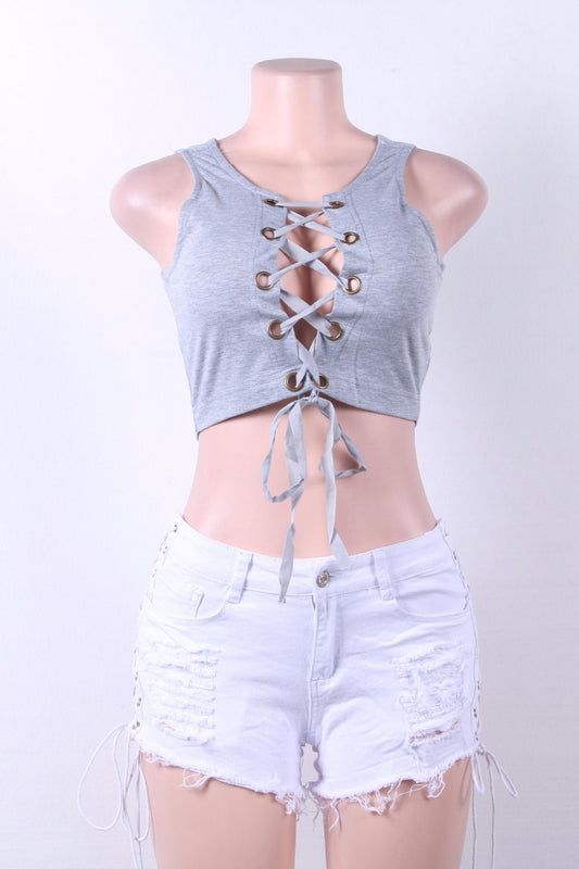 Color Hollow Fashion Jeans Bandage Side Shorts