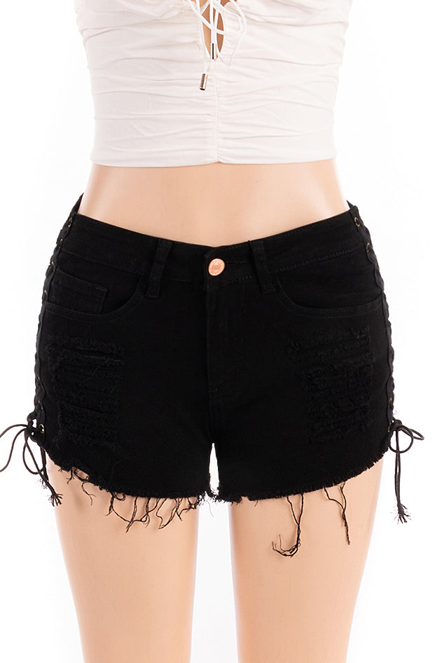 Explosion hole denim shorts side eye bandage hot pants