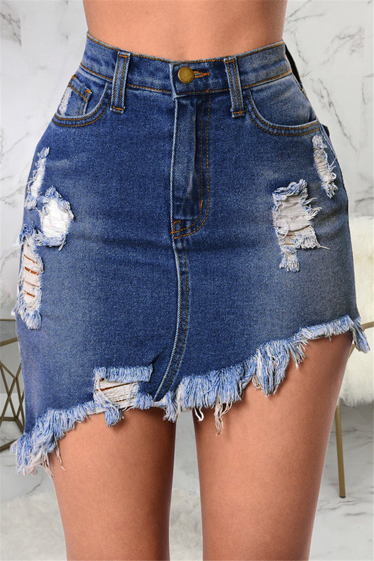 Inelastic solid color summer high waist irregular denim skirt