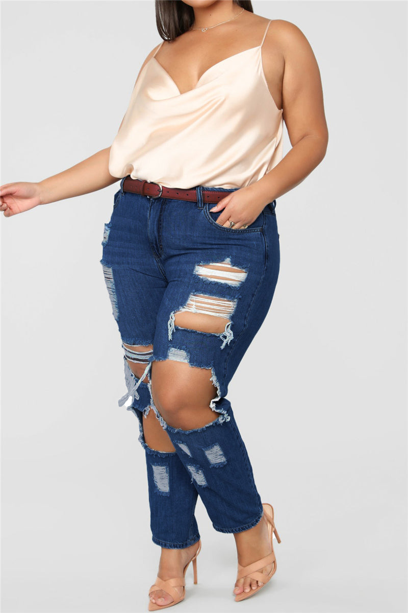 Solid color holes zip-up pockets new stylish casual straight jeans