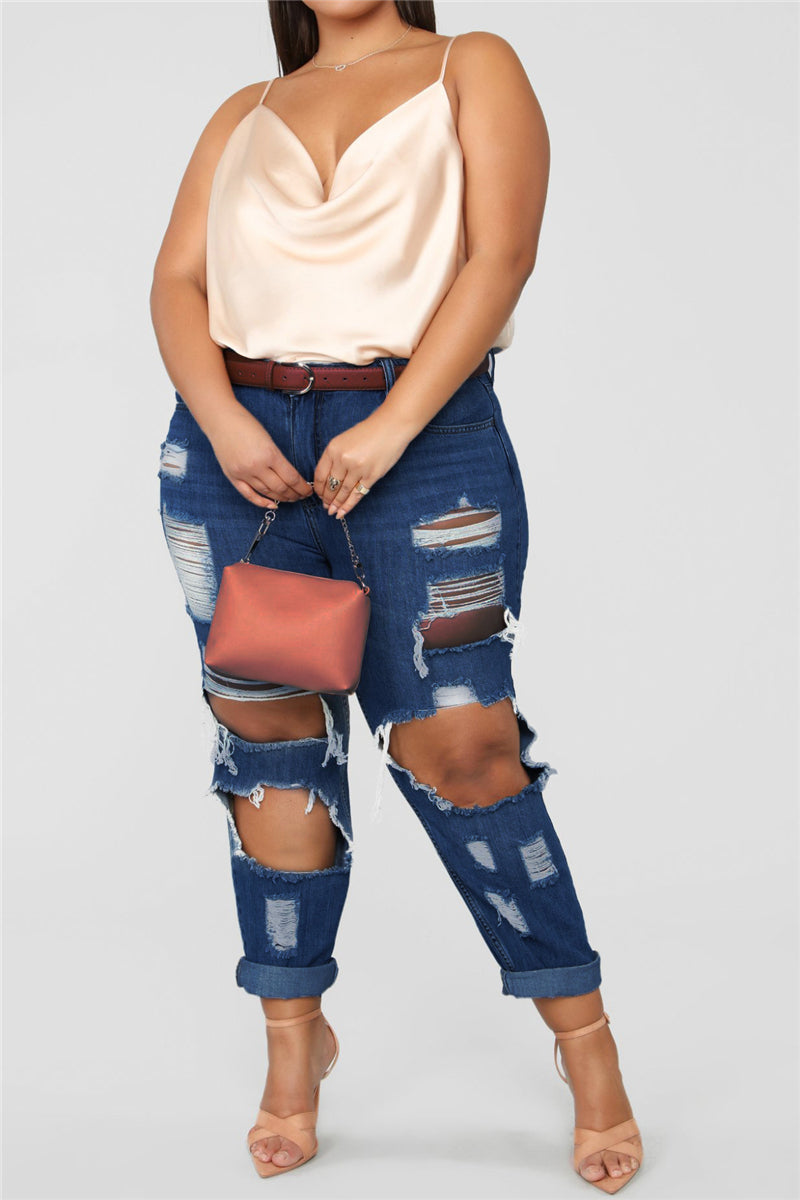 Solid color holes zip-up pockets new stylish casual straight jeans