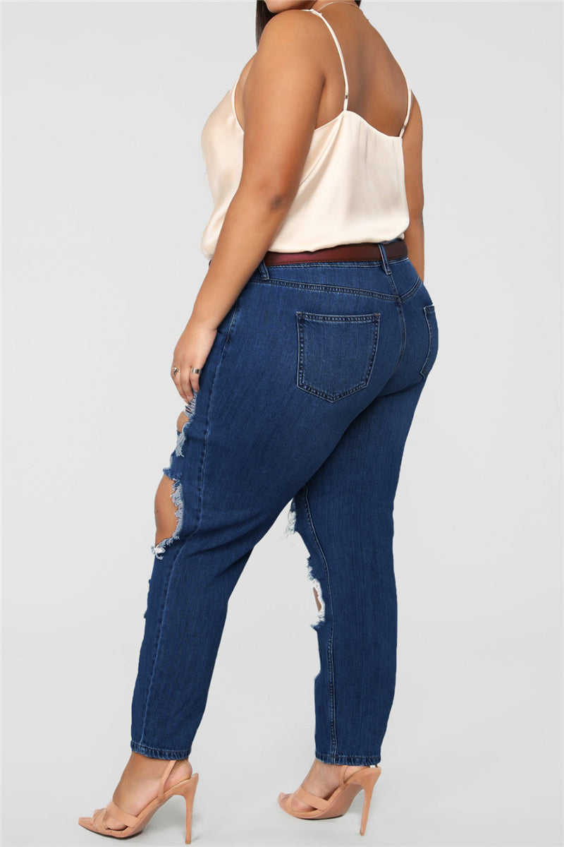 Solid color holes zip-up pockets new stylish casual straight jeans