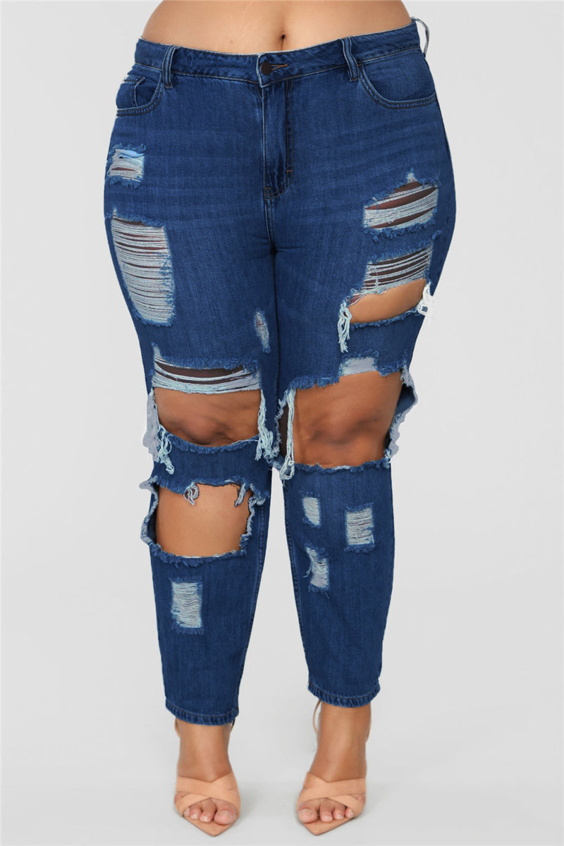 Solid color holes zip-up pockets new stylish casual straight jeans