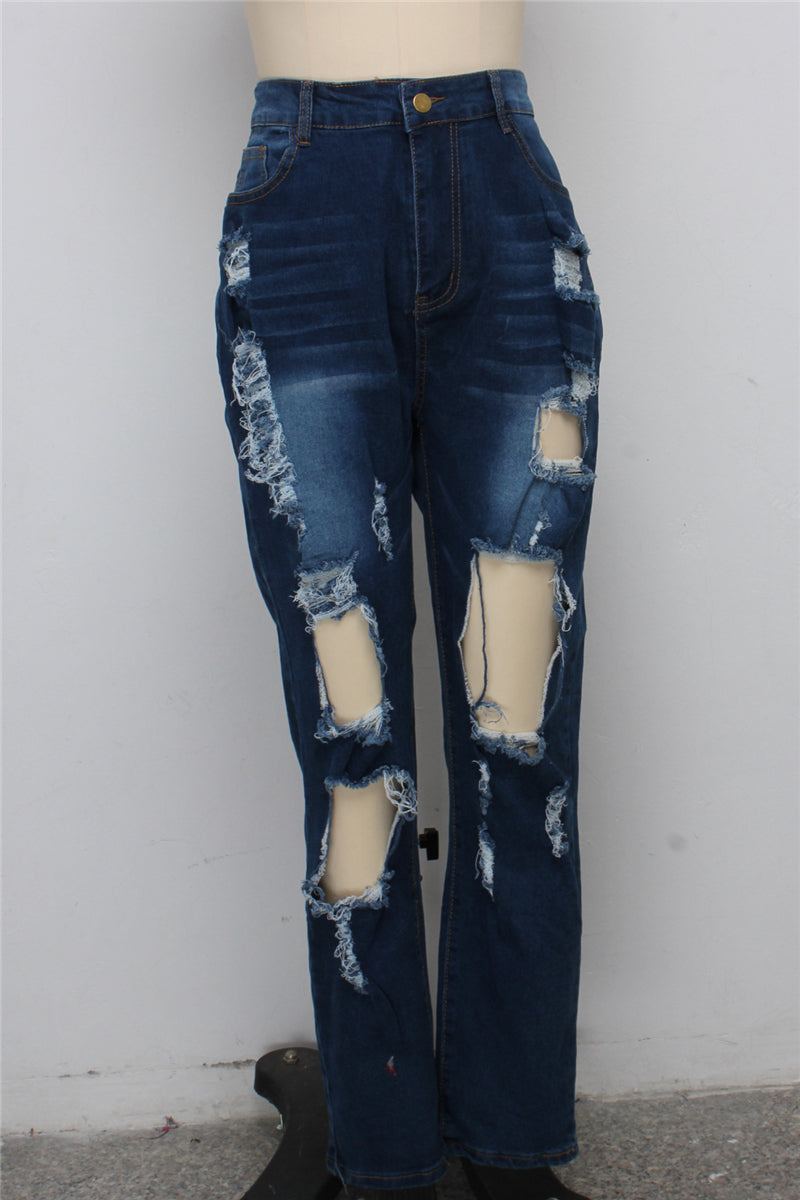 Solid color holes zip-up pockets new stylish casual straight jeans