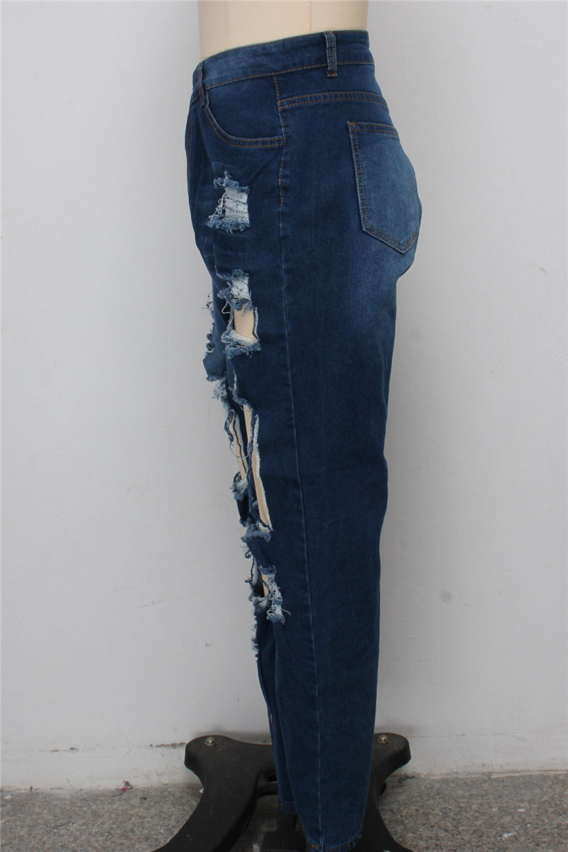 Solid color holes zip-up pockets new stylish casual straight jeans