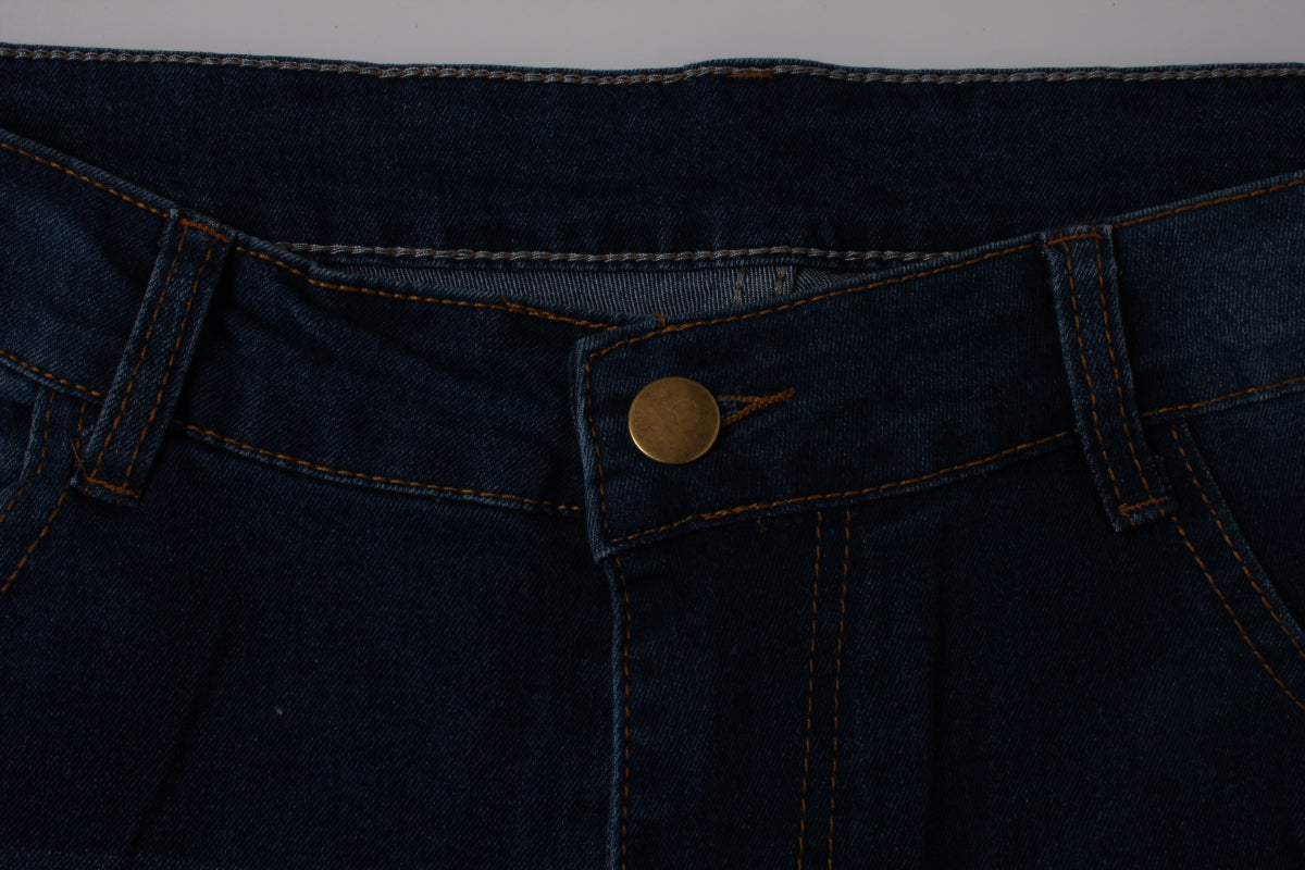 Solid color holes zip-up pockets new stylish casual straight jeans