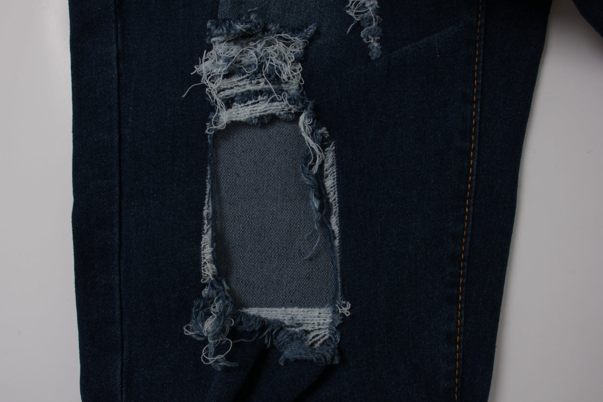 Solid color holes zip-up pockets new stylish casual straight jeans