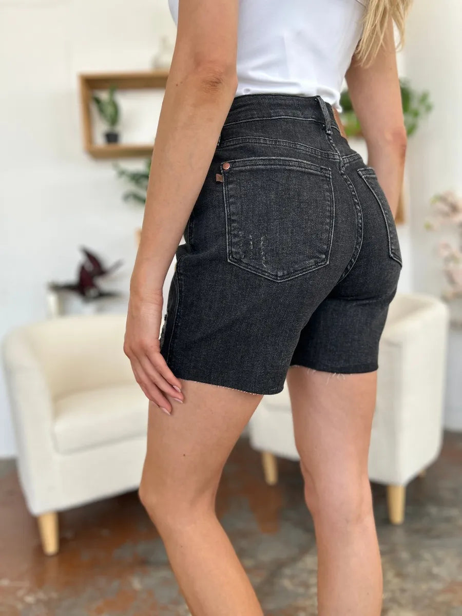 Judy Blue rigid magic denim shorts – close‑up of waistband and fabric texture