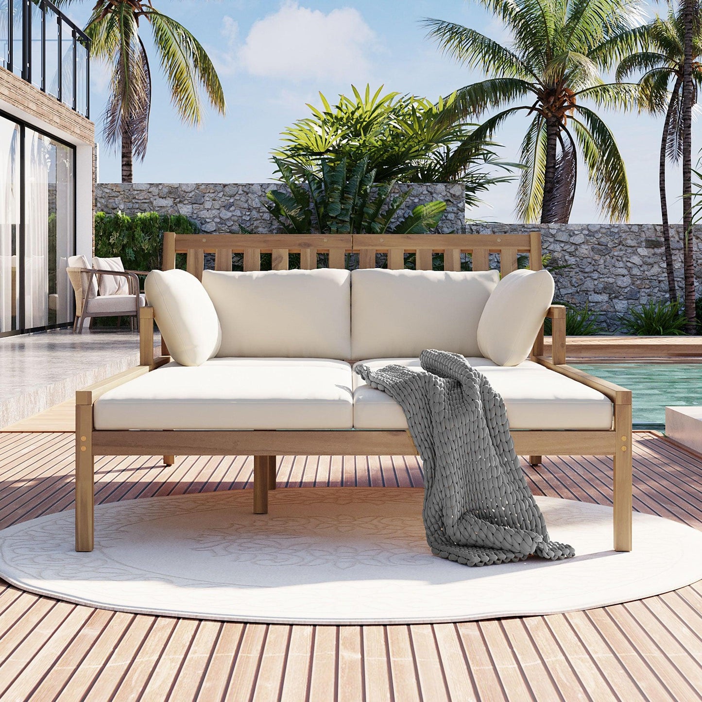 Outdoor Daybed, Patio Daybed with Four Pillows, Wooden Outdoor Bed with Curved Armrests for Poolside, Backyard, Garden