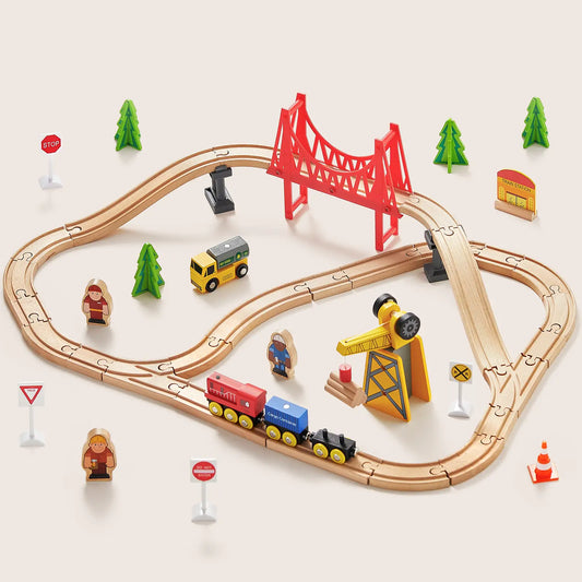 Tiny Land® Wooden Track Trains 55 Pcs