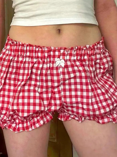 'Sweet & Short' Retro Red Checked Ribbon Bubble Shorts