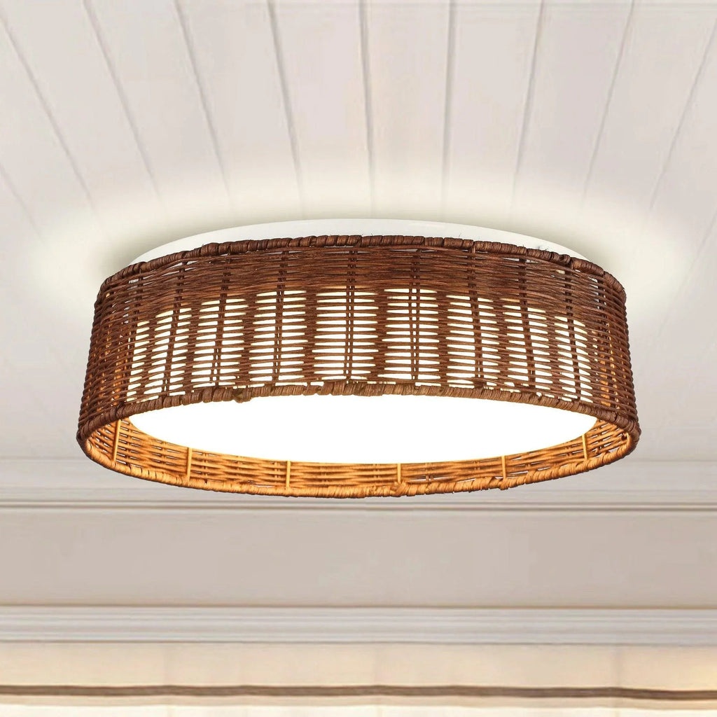 17" Traditional Brown Rattan Flush Mount Lighting with LED